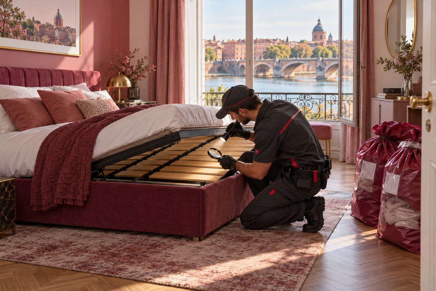 Technicien inspectant les lattes d'un sommier à la lampe, à Toulouse